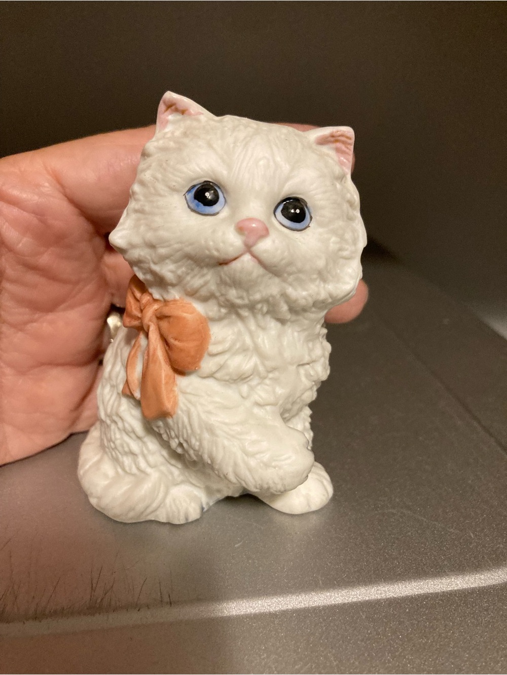 White Ceramic Kitten Figurine with Peach Bow